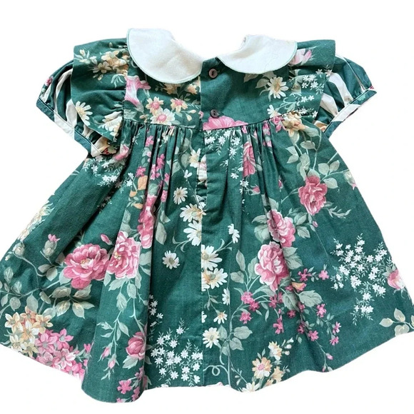 Vintage Peaches ‘n Cream Baby Dress – Forest Green Floral, Rose Bib, Size 12M - Picture 5 of 8